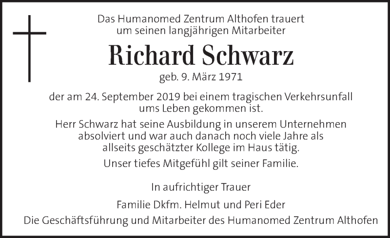  Traueranzeige für Richard Schwarz vom 26.09.2019 aus Kleine Zeitung
