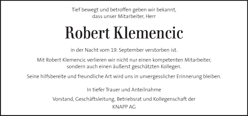  Traueranzeige für Robert Klemencic vom 25.09.2019 aus Kleine Zeitung