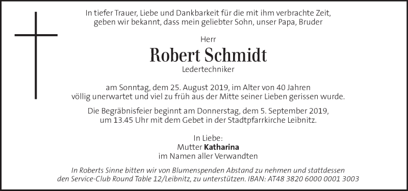  Traueranzeige für Robert Schmidt vom 03.09.2019 aus Kleine Zeitung