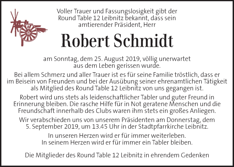  Traueranzeige für Robert Schmidt vom 04.09.2019 aus Kleine Zeitung