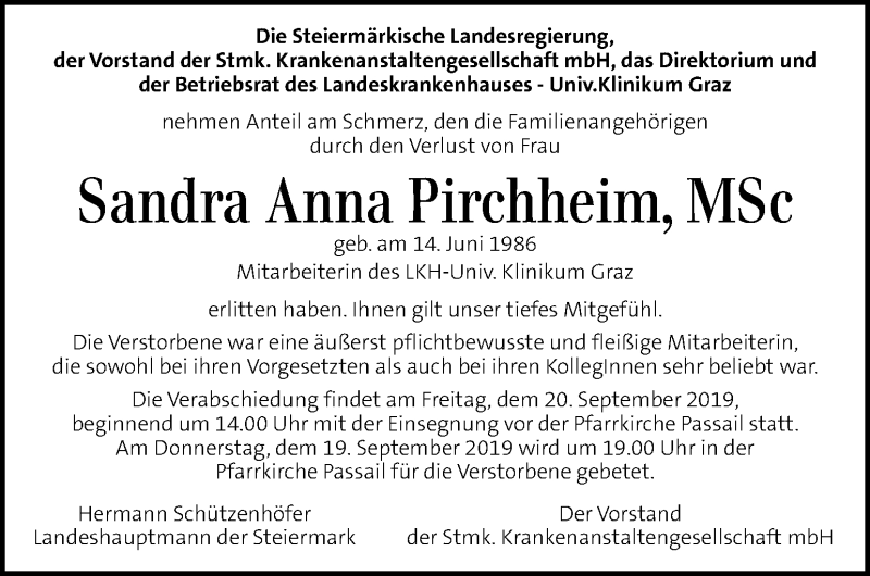  Traueranzeige für Sandra Anna Pirchheim vom 19.09.2019 aus Kleine Zeitung