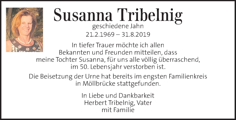  Traueranzeige für Susanna Tribelnig vom 14.09.2019 aus Kleine Zeitung