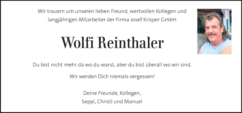  Traueranzeige für Wolfi Reinthaler vom 27.09.2019 aus Kleine Zeitung