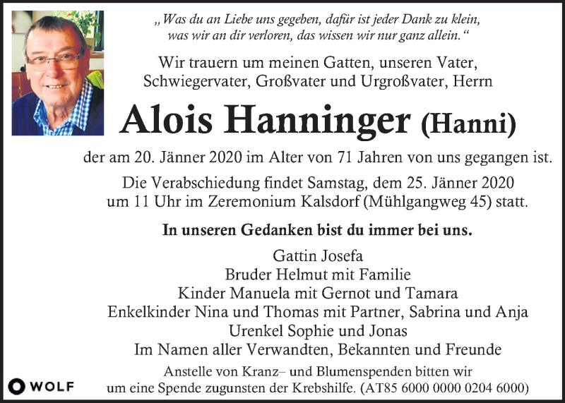  Traueranzeige für Alois Hanninger vom 23.01.2020 aus Kleine Zeitung