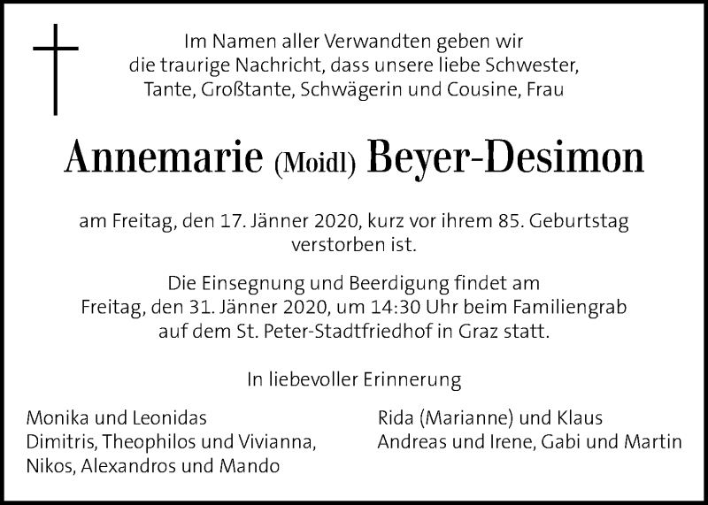  Traueranzeige für Annemarie Beyer-Desimon vom 26.01.2020 aus Kleine Zeitung