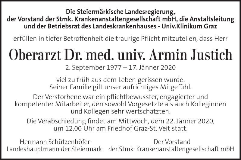  Traueranzeige für Armin Justich vom 22.01.2020 aus Kleine Zeitung
