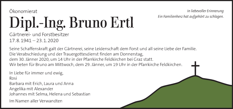  Traueranzeige für Bruno Ertl vom 26.01.2020 aus Kleine Zeitung