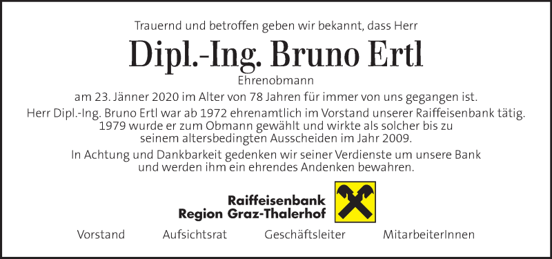  Traueranzeige für Bruno Ertl vom 28.01.2020 aus Kleine Zeitung