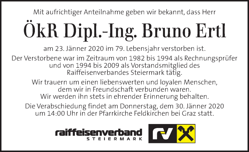  Traueranzeige für Bruno Ertl vom 28.01.2020 aus Kleine Zeitung