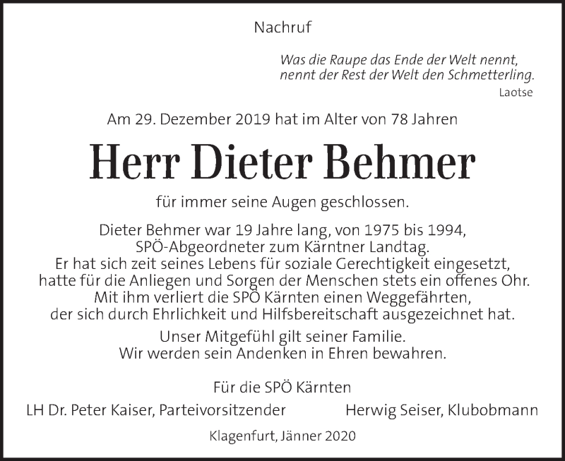  Traueranzeige für Dieter Behmer vom 03.01.2020 aus Kleine Zeitung