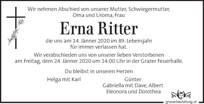  Traueranzeige für Erna Ritter vom 19.01.2020 aus Kleine Zeitung