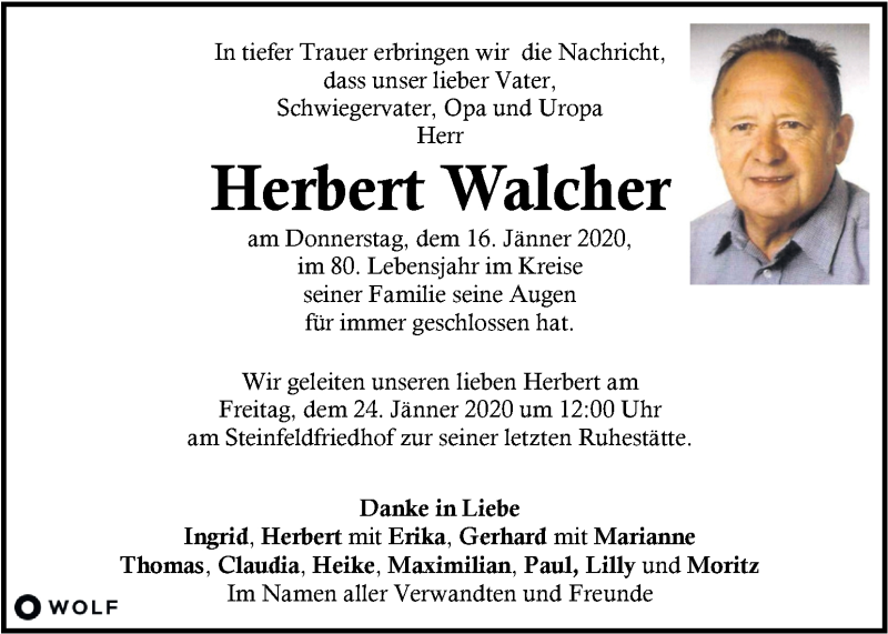  Traueranzeige für Herbert Walcher vom 22.01.2020 aus Kleine Zeitung