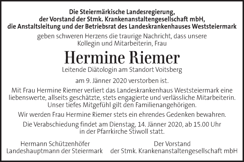  Traueranzeige für Hermine Riemer vom 14.01.2020 aus Kleine Zeitung