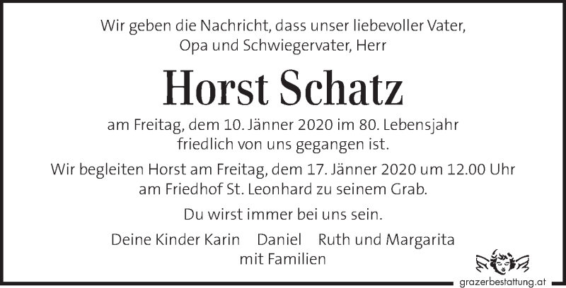  Traueranzeige für Horst Schatz vom 15.01.2020 aus Kleine Zeitung