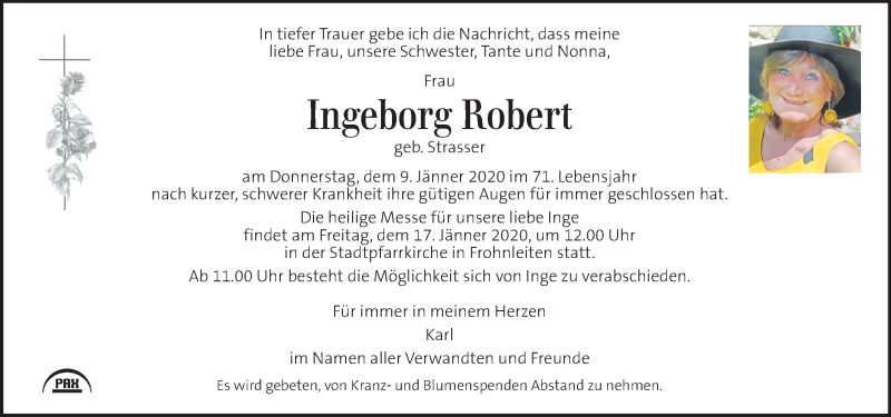  Traueranzeige für Ingeborg Robert vom 15.01.2020 aus Kleine Zeitung