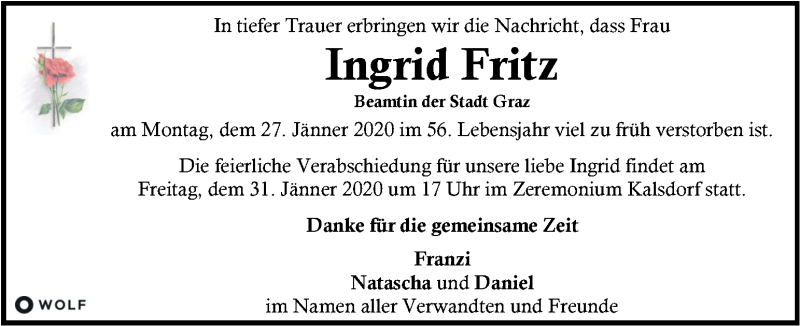  Traueranzeige für Ingrid Fritz vom 29.01.2020 aus Kleine Zeitung