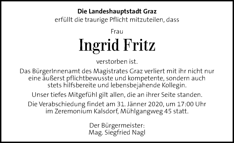  Traueranzeige für Ingrid Fritz vom 30.01.2020 aus Kleine Zeitung