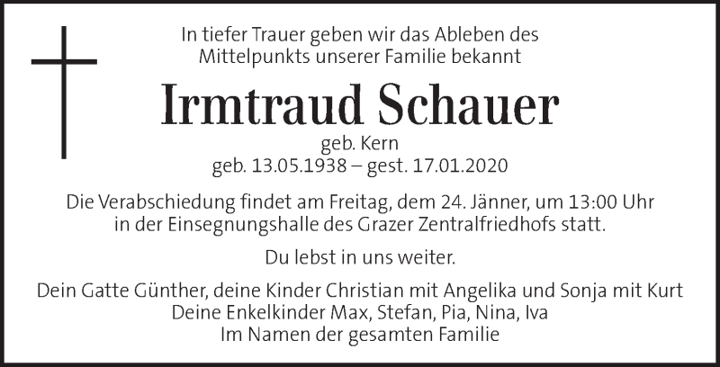  Traueranzeige für Irmtraud Schauer vom 21.01.2020 aus Kleine Zeitung