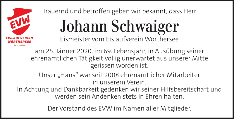  Traueranzeige für Johann Schwaiger vom 30.01.2020 aus Kleine Zeitung