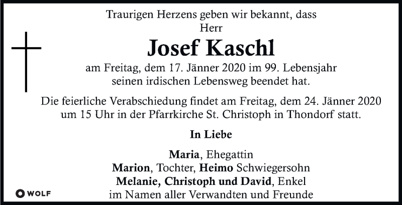  Traueranzeige für Josef Kaschl vom 21.01.2020 aus Kleine Zeitung
