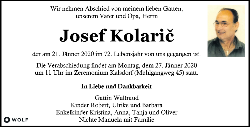  Traueranzeige für Josef Kolaric vom 24.01.2020 aus Kleine Zeitung