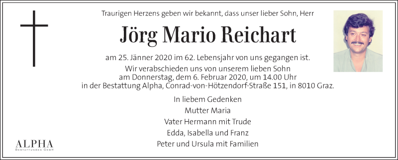  Traueranzeige für Jörg Mario Reichart vom 01.02.2020 aus Kleine Zeitung