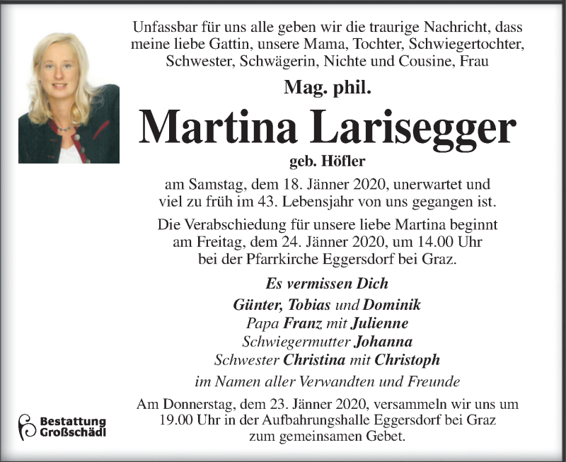  Traueranzeige für Martina Larisegger vom 22.01.2020 aus Kleine Zeitung