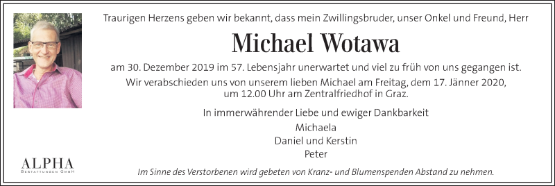  Traueranzeige für Michael Wotawa vom 11.01.2020 aus Kleine Zeitung