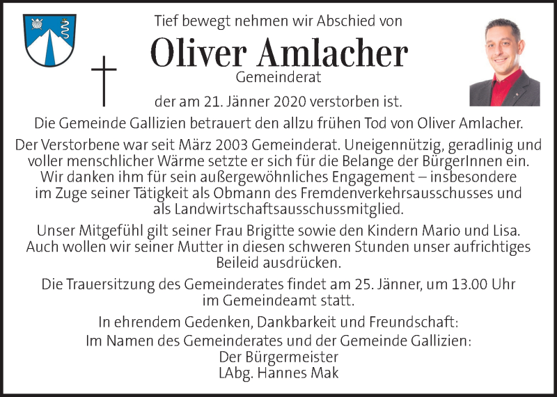  Traueranzeige für Oliver Amlacher vom 24.01.2020 aus Kleine Zeitung