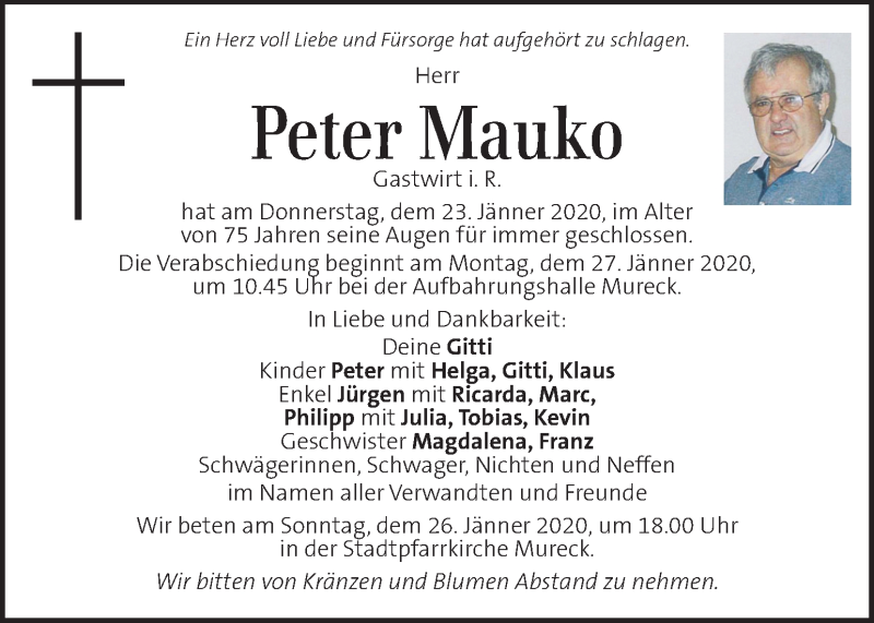  Traueranzeige für Peter Mauko vom 25.01.2020 aus Kleine Zeitung