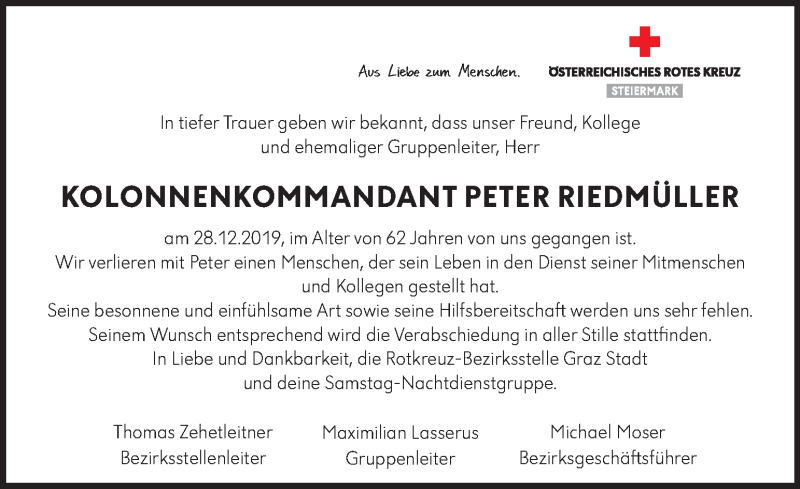  Traueranzeige für Peter Riedmüller vom 08.01.2020 aus Kleine Zeitung