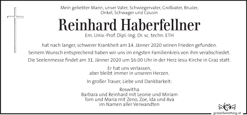 Traueranzeige für Reinhard Haberfellner vom 23.01.2020 aus Kleine Zeitung