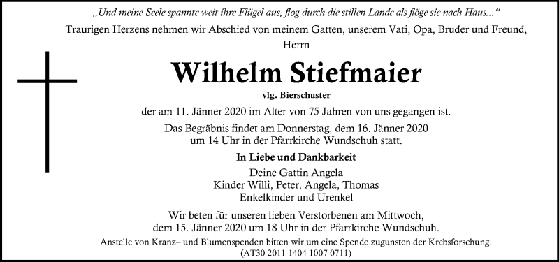  Traueranzeige für Wilhelm Stiefmaier vom 15.01.2020 aus Kleine Zeitung