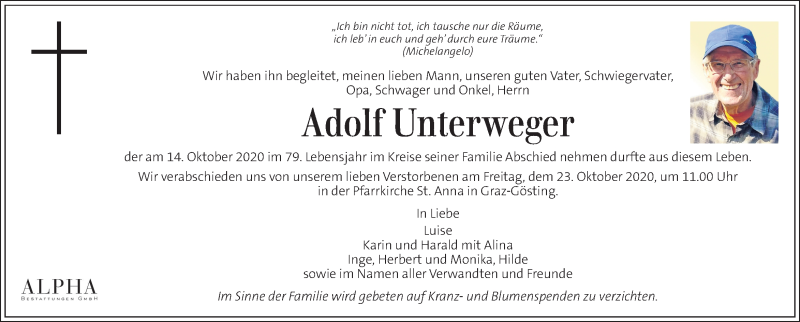  Traueranzeige für Adolf Unterweger vom 20.10.2020 aus Kleine Zeitung