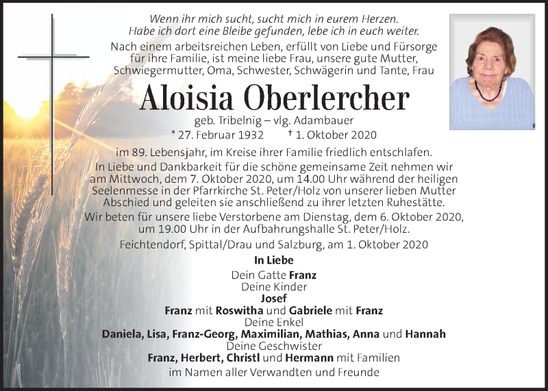  Traueranzeige für Aloisia Oberlercher vom 04.10.2020 aus Kleine Zeitung