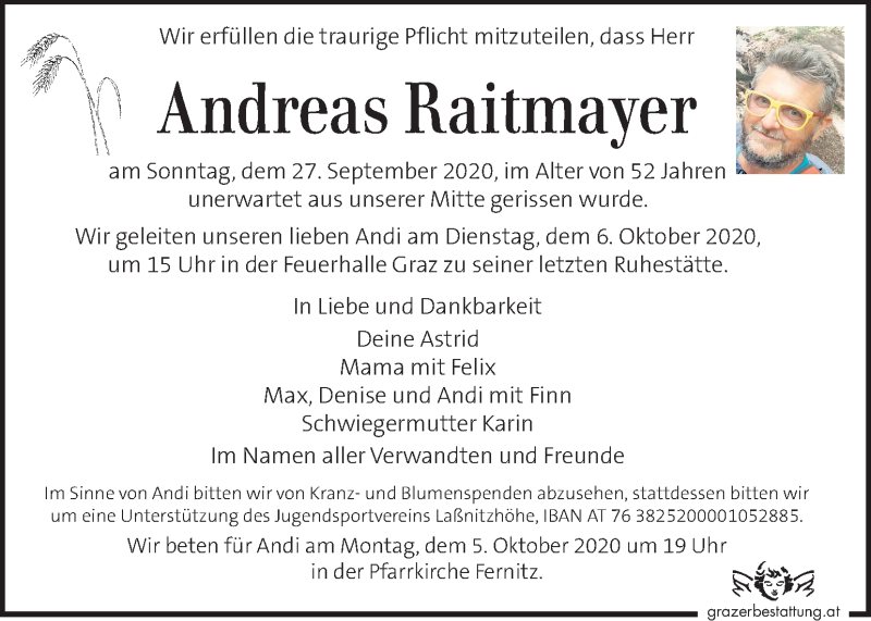  Traueranzeige für Andreas Raitmayer vom 04.10.2020 aus Kleine Zeitung
