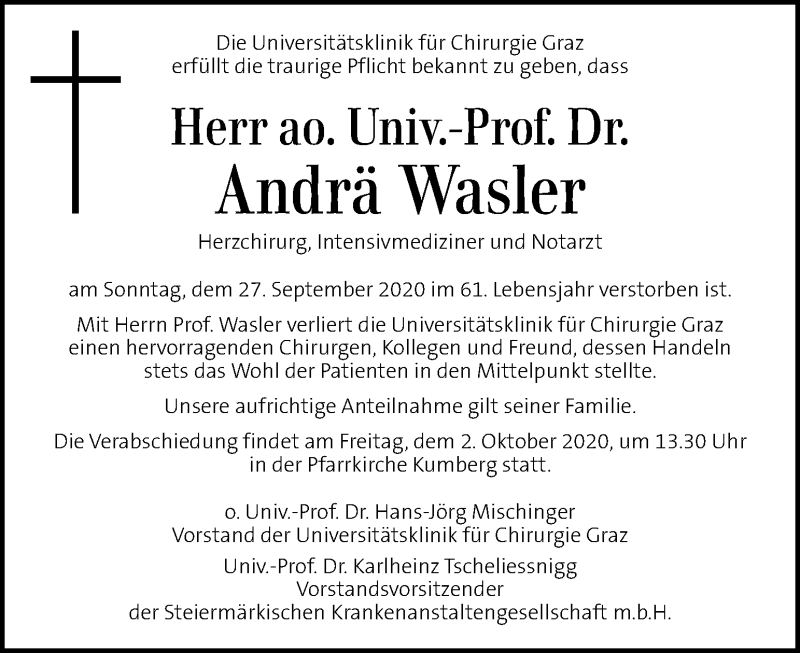  Traueranzeige für Andrä Wasler vom 02.10.2020 aus Kleine Zeitung