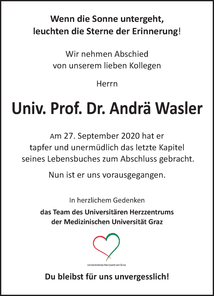  Traueranzeige für Andrä Wasler vom 02.10.2020 aus Kleine Zeitung