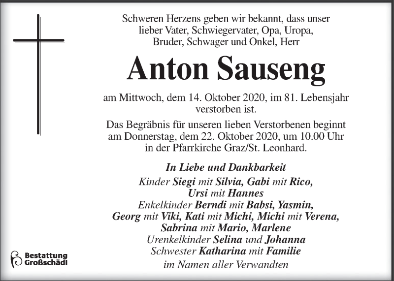  Traueranzeige für Anton Sauseng vom 20.10.2020 aus Kleine Zeitung