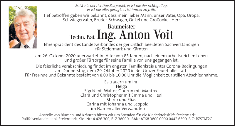  Traueranzeige für Anton Voit vom 28.10.2020 aus Kleine Zeitung