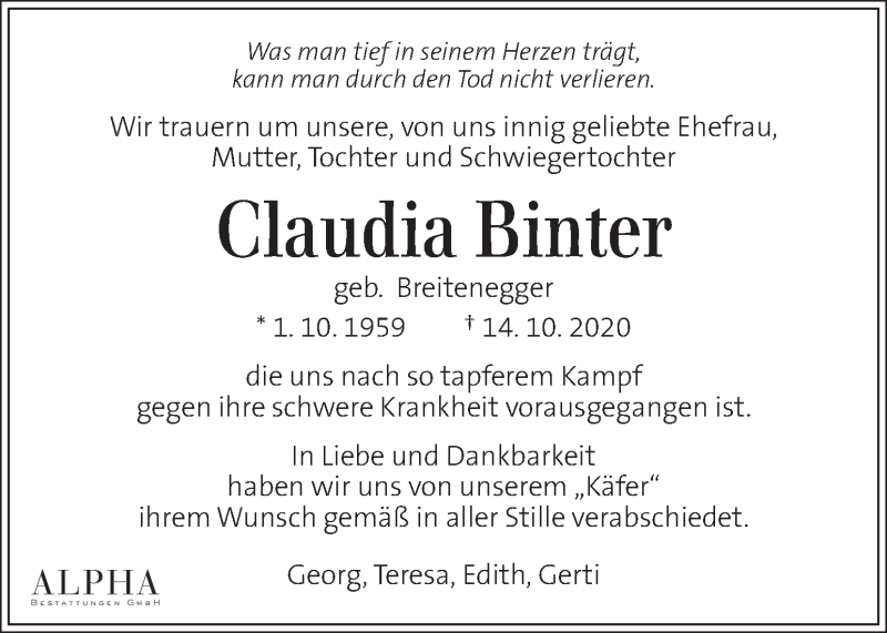  Traueranzeige für Claudia Binter vom 25.10.2020 aus Kleine Zeitung