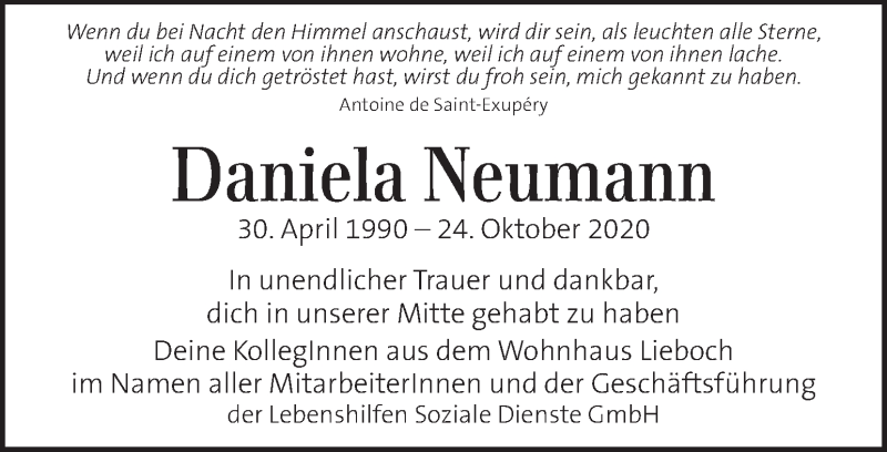  Traueranzeige für Daniela Neumann vom 28.10.2020 aus Kleine Zeitung