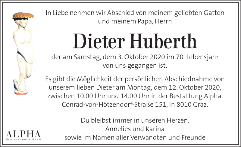  Traueranzeige für Dieter Huberth vom 08.10.2020 aus Kleine Zeitung