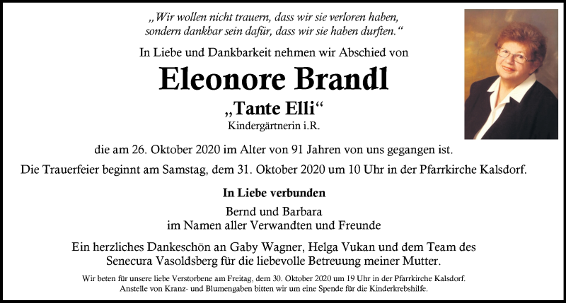  Traueranzeige für Eleonore Brandl vom 29.10.2020 aus Kleine Zeitung