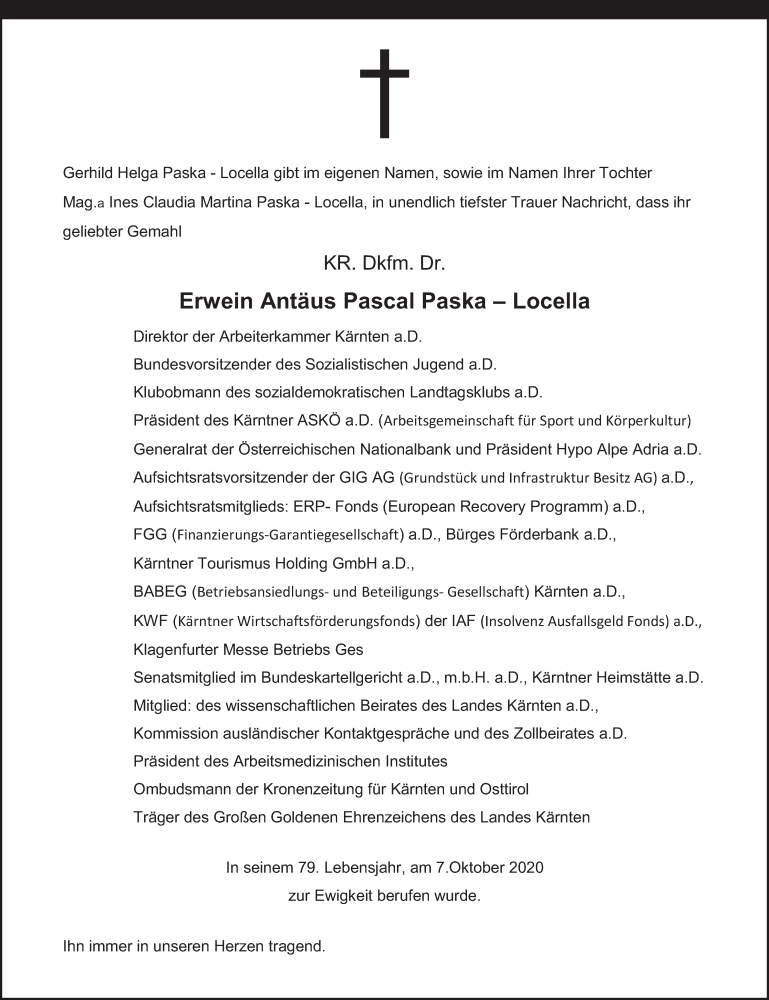  Traueranzeige für Erwein Antäus Pascal Paska - Locella vom 15.10.2020 aus Kleine Zeitung