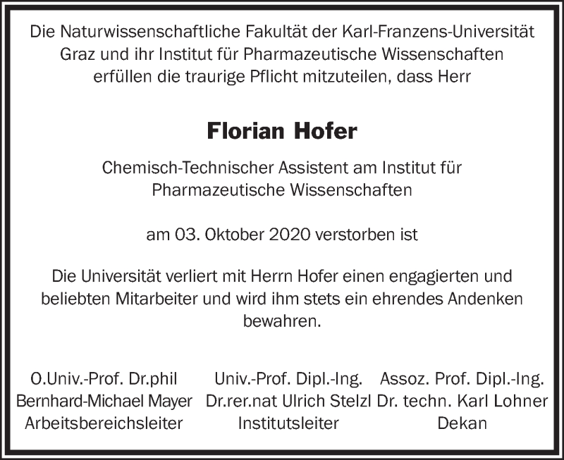  Traueranzeige für Florian Hofer vom 20.10.2020 aus Kleine Zeitung