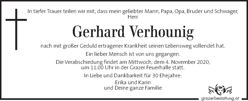  Traueranzeige für Gerhard Verhounig vom 28.10.2020 aus Kleine Zeitung