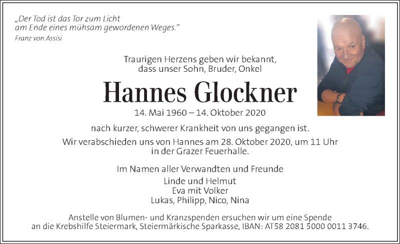  Traueranzeige für Hannes Glockner vom 23.10.2020 aus Kleine Zeitung