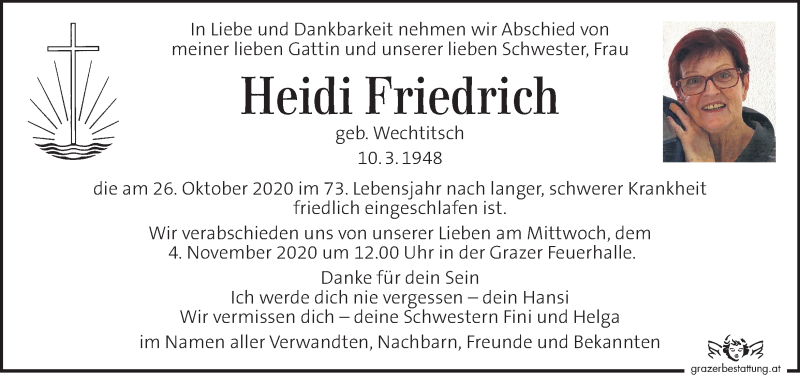  Traueranzeige für Heidi Friedrich  vom 01.11.2020 aus Kleine Zeitung
