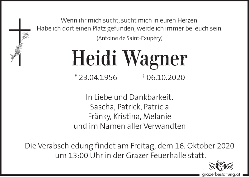  Traueranzeige für Heidi Wagner vom 11.10.2020 aus Kleine Zeitung